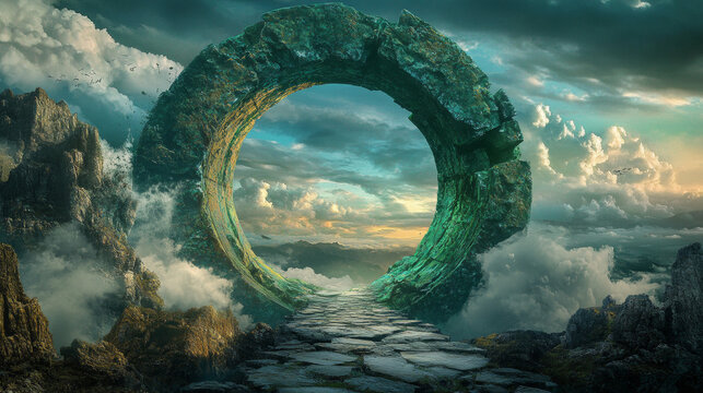 Magic portal on stone ui game. Fantasy gate to wizard dimension. Green door as entrance to parallel fantastic universe. Adventure teleport hole inside arch to travel. Abstract island with doorway