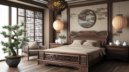 Asian bedroom interior with furniture. Vector cartoon illustration of traditional chinese room with wooden bed, armchair, teapot and cups served on table, paper lanterns, drawer, bonsai tree in pot