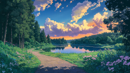 Cartoon nature landscape, summer sunset background with dirt road going along forest trees and green fields with flowers to lake under evening sky with fluffy clouds, scenery wood, Vector illustration