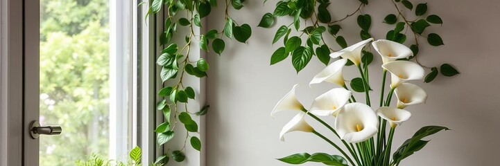 Obraz premium Green wall with window and calla lilies in a vase, natural, green, plant