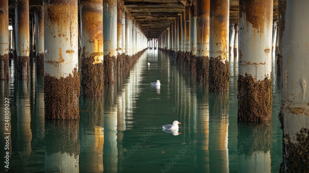 Poster Under a pier, seagulls float on calm water, surrounded by weathered support columns.