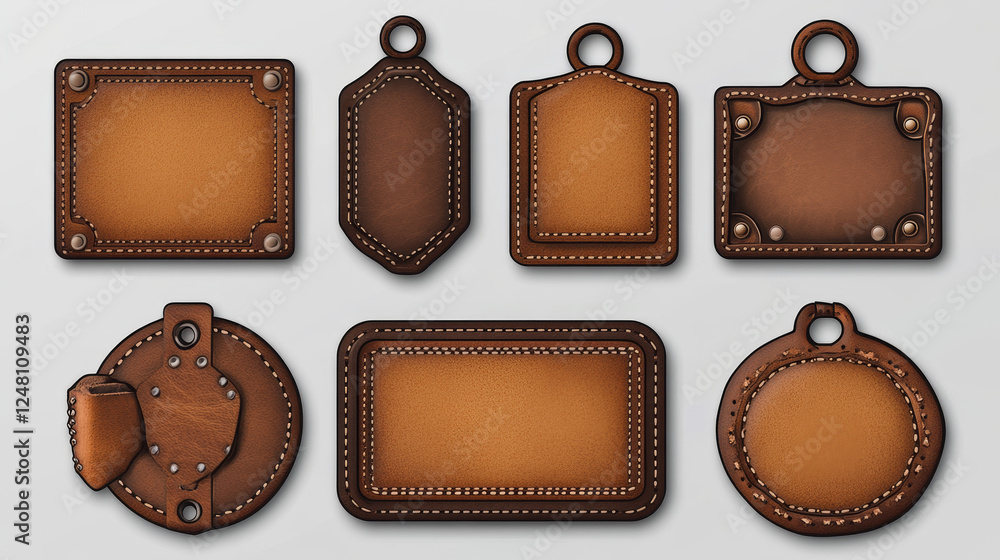 Poster set of brown isolated realistic leather patch. label tag with seam template on transparent backgroun