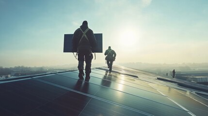 Workers installing solar panels on a rooftop at sunrise, promoting renewable energy.
