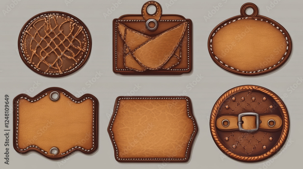 Poster set of brown isolated realistic leather patch. label tag with seam template on transparent backgroun