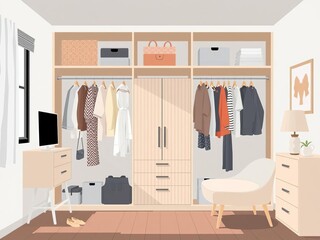 Modern scandinavian living room with organized wardrobe for female clothing storage, wardrobe, vector illustration, interior