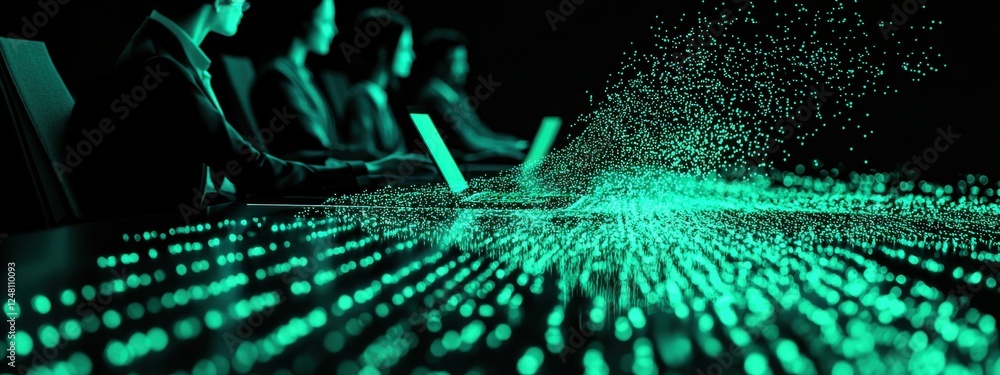 Aufkleber futuristic team collaboration with data visualization and digital technology on a dark background