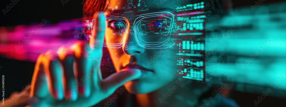 Poster young woman with glasses interacting with digital interface displaying data and technology in vibran