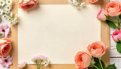 Blank vintage paper with peach roses and spring flowers