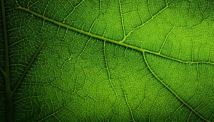 Fototapeta premium Explore the mesmerizing details of nature with a macro shot revealing the intricate veins and glowing green gradients of a leaf, showcasing organic beauty in vivid detail and texture.