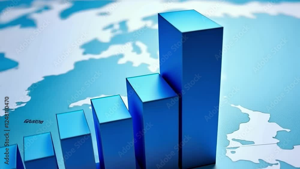 Aufkleber rising bar chart: a compelling graphic of a blue bar chart ascending against the backdrop of a world