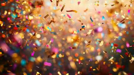 Golden confetti flying in air. Vector realistic illustration of 3D glitter stars, torus, serpentine ribbons, cubes, curls isolated on transparent background, holiday firecracker explosion effect