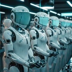 Fototapeta premium Futuristic Robots Displaying High-Tech Interface in a Modern Setting with Bright Neon Lights