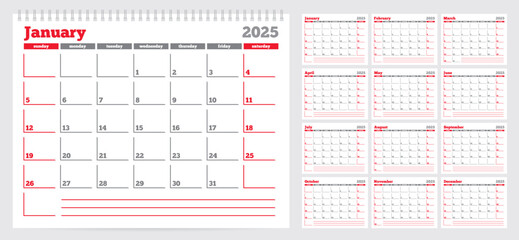 Calendar 2025 planner template. Week start on Sunday. Set of 12 months. Vector illustration