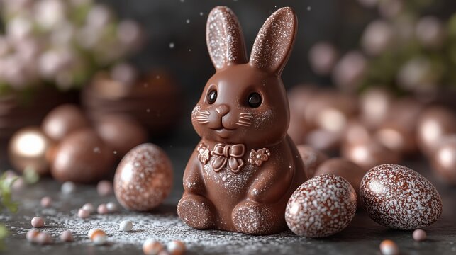 Chocolate Bunny with Eggs Surrounded by Spring Decor Elements