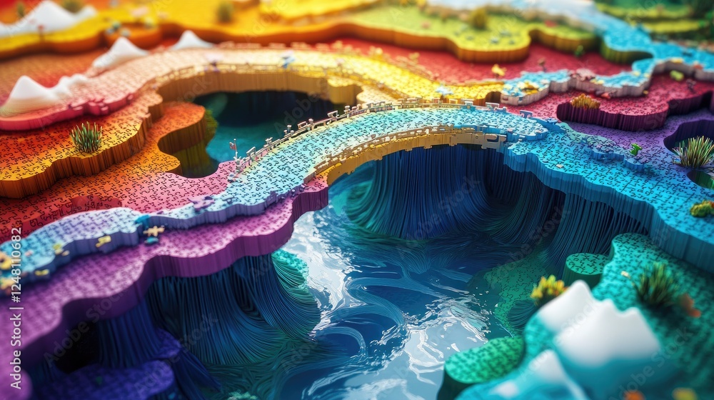 Poster a colorful puzzle bridge over a vibrant landscape, with each piece connecting seamlessly, symbolizin