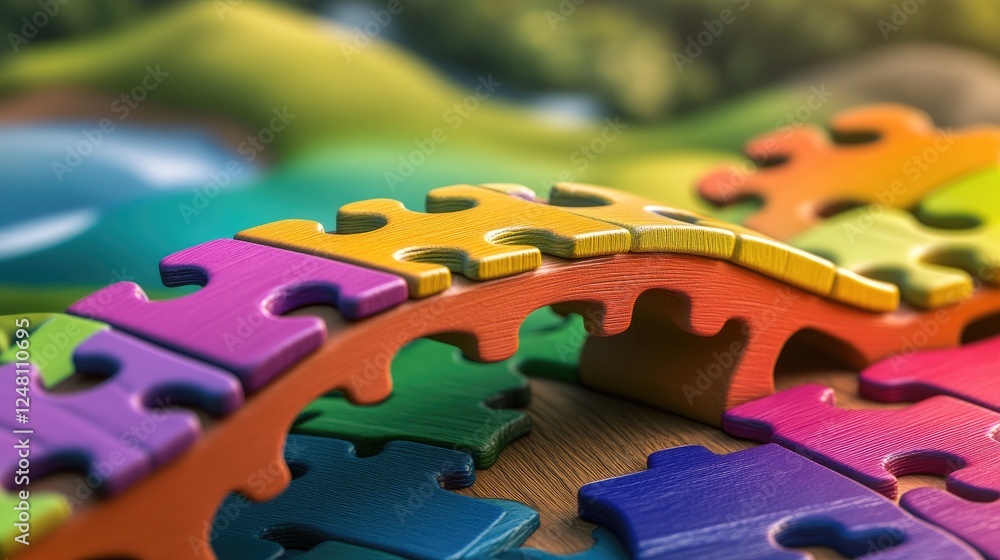 Poster a colorful puzzle bridge over a vibrant landscape, with each piece connecting seamlessly, symbolizin