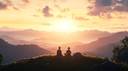 Fototapeta premium Couple meditating sunrise mountaintop