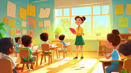 Classroom Harmony: In a sunlit classroom, a caring teacher guides a diverse group of children through a lesson. The bright.