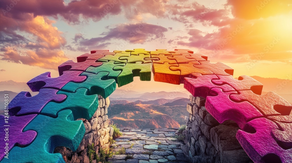 Poster a colorful puzzle bridge over a vibrant landscape, with each piece connecting seamlessly, symbolizin