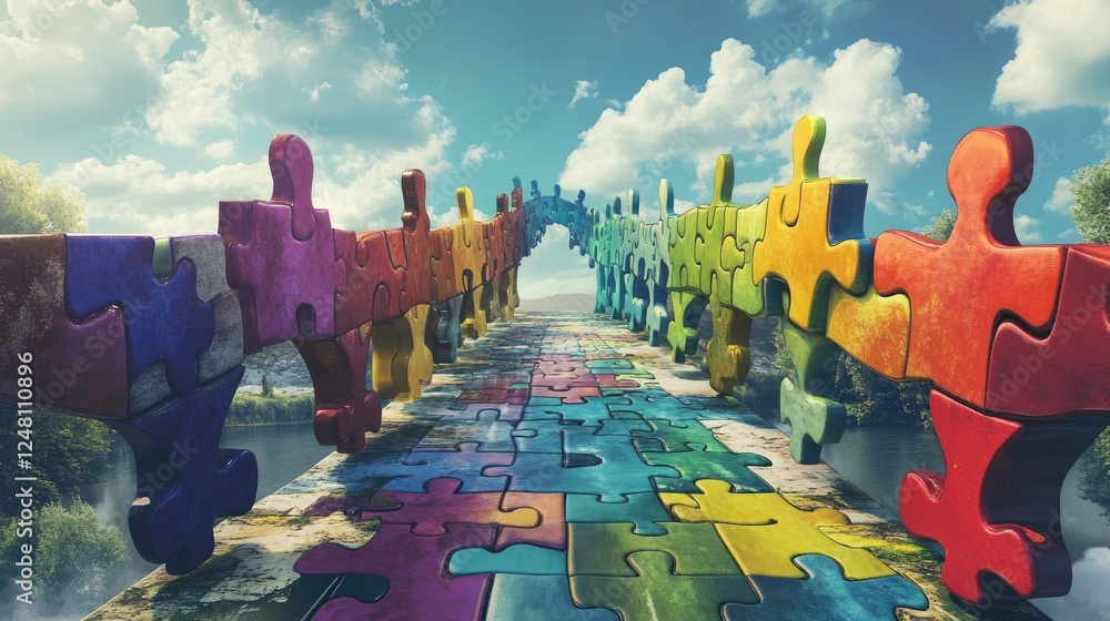 Poster a colorful puzzle bridge over a vibrant landscape, with each piece connecting seamlessly, symbolizin