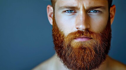 Obraz premium Close-up Portrait of a Man with a Striking Red Beard and Intense Gaze. A Captivating Image Showcasing Male Beauty and Fashion.