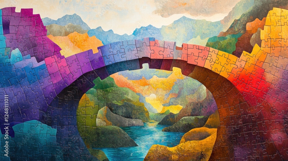 Aufkleber a colorful puzzle bridge spanning a vibrant landscape, symbolizing connection, teamwork, and collabo