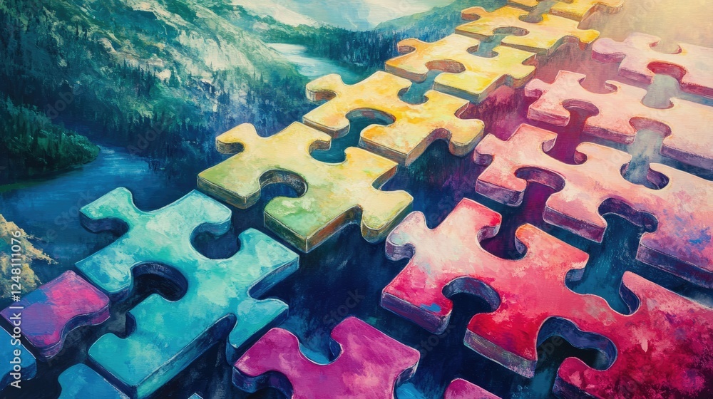 Poster A colorful puzzle bridge spanning a vibrant landscape, symbolizing connection, teamwork, and collaboration as each piece interlocks perfectly to create a seamless path.