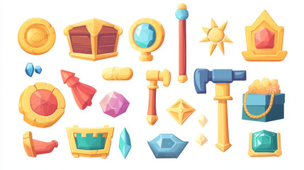 Game winner assets and trophies set isolated on white background. Vector cartoon illustration of golden target, sword, treasure chest, hammer decorated with gemstone, victory prize, success symbol