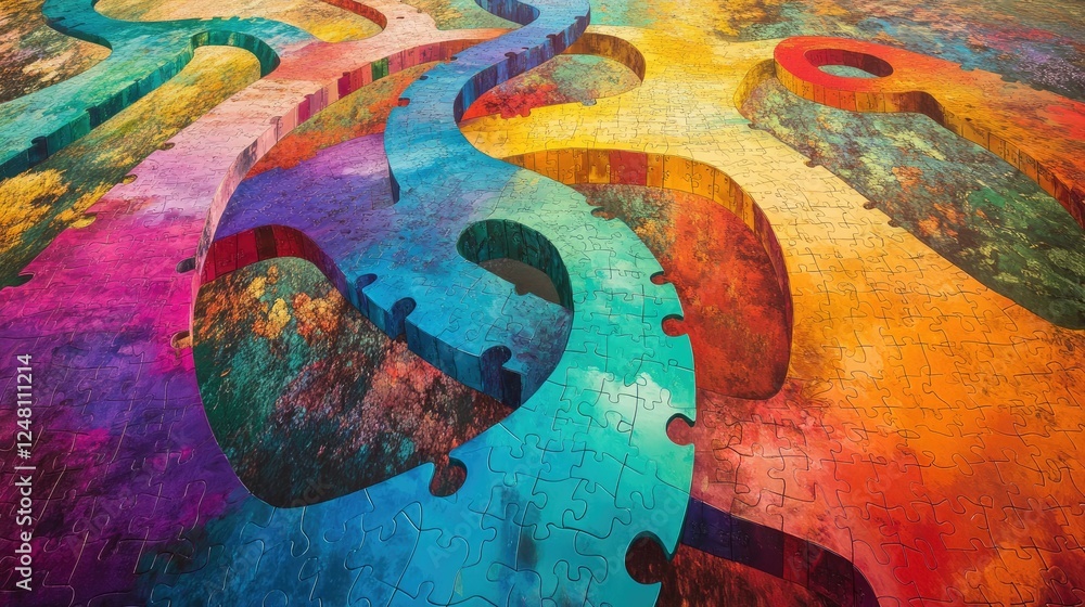 Poster A colorful puzzle bridge spanning a vibrant landscape, symbolizing connection, teamwork, and collaboration as each piece interlocks perfectly to create a seamless path.