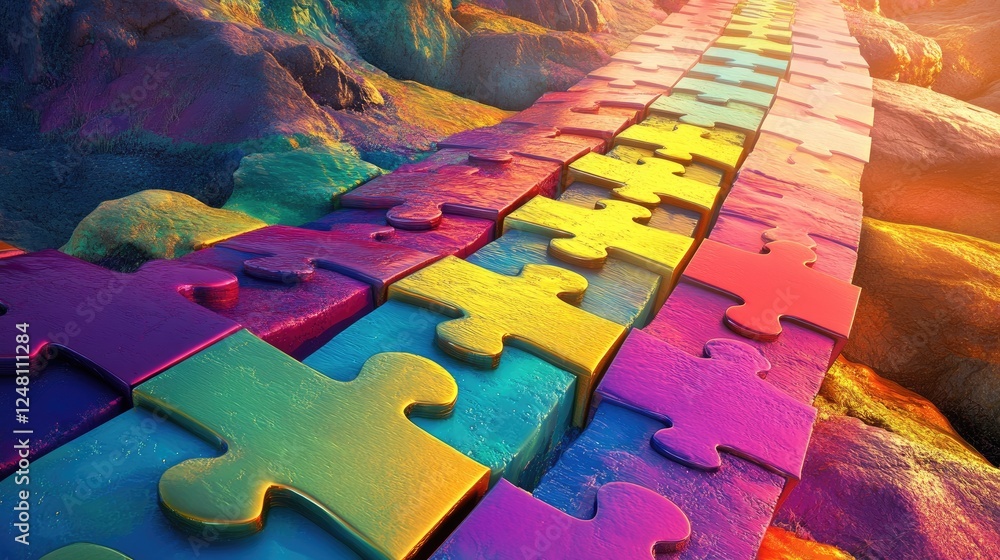 Poster a colorful puzzle bridge stretching across a vibrant landscape, each piece interlocking seamlessly t