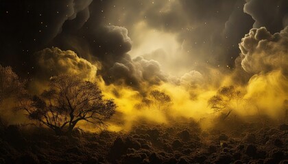Fototapeta premium Dramatic Smoky Haze in a Polluted Landscape: An Emotive View of Nature's Struggles Against Industrial Impact and Atmospheric Changes Captured in Striking Yellowish-Grey Tones.