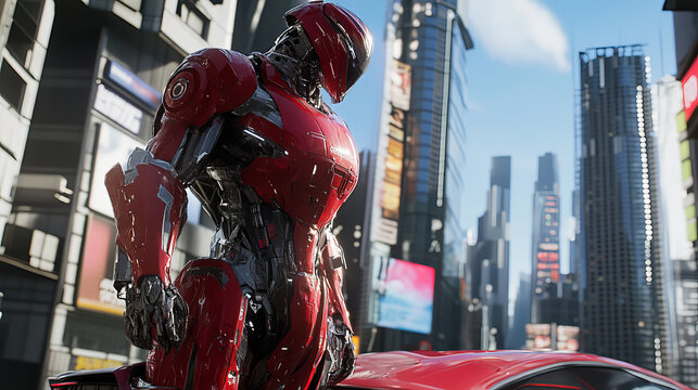 Robot transformers in form of android and car in futuristic city. Vector cartoon illustration of metal robotic hero transforming to red vehicle and cyborg on background of fantastic cityscape