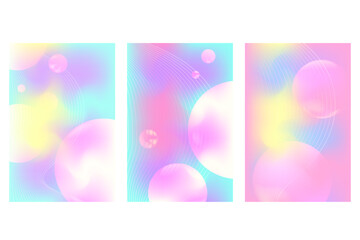 Fototapeta premium Abstract iridescent, holographic poster set with smooth blurred gradient texture, glowing 3d pearls liquid bubbles. Fantasy futuristic fluid background with copy space. Cosmetic technology