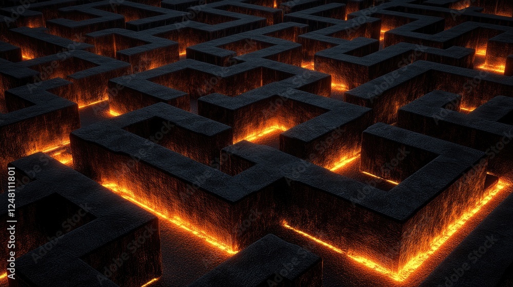 Aufkleber a complex dark maze illuminated by glowing orange paths, symbolizing the process of problem-solving,