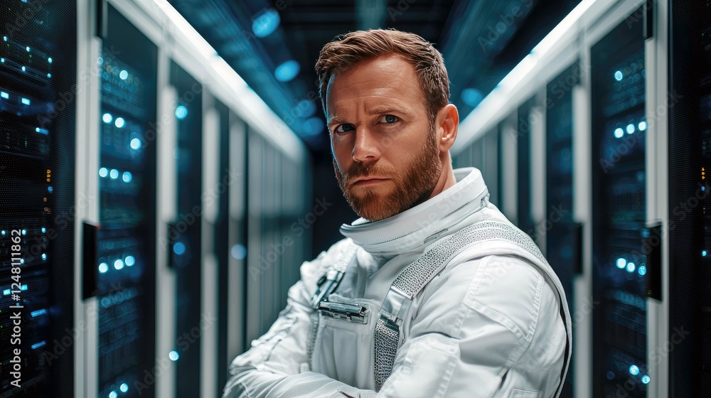 Poster astronaut in futuristic server room: exploring the digital frontier of space and technology. a portr