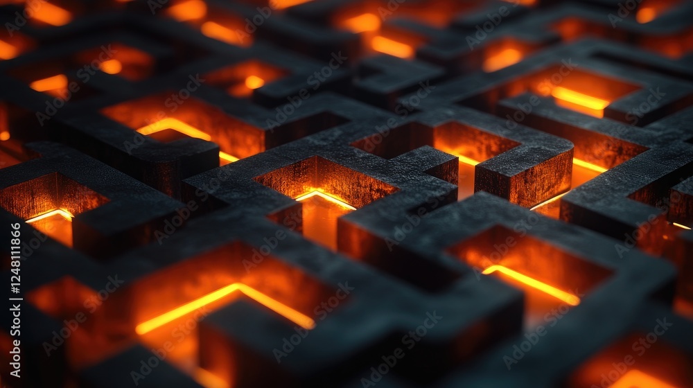 Poster A complex dark maze illuminated by glowing orange paths, symbolizing the process of problem-solving, strategic decisions, and the pursuit of success.