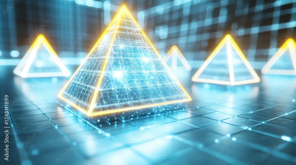 Aufkleber futuristic illuminated pyramids digital data network technology