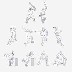 Vector cricket players action gesture line art illustration. Set of cricket players. Batsman, bowler and wicketkeeper line art set. One line drawing silhouette
