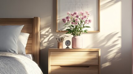Frame mockup on a bedside table in a modern bedroom interior