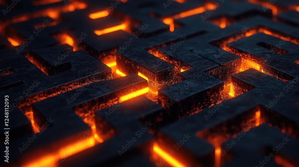 Aufkleber A complex, dark maze with glowing orange light marking the solution path, creating a visual metaphor for problem-solving, strategy, and the journey to success.