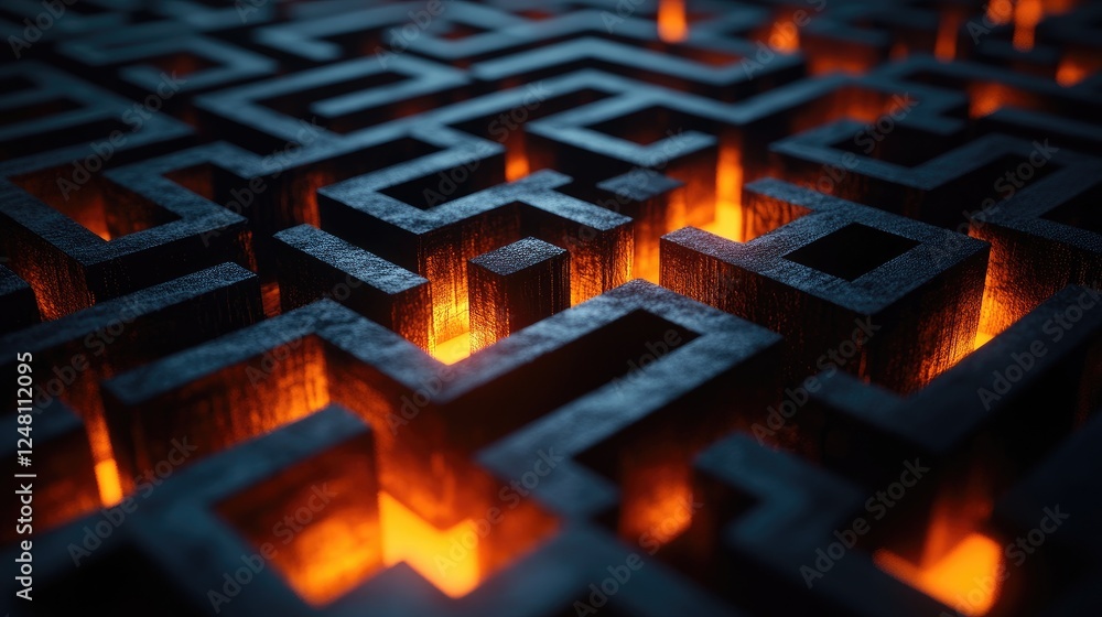 Aufkleber A complex, dark maze with glowing orange light marking the solution path, creating a visual metaphor for problem-solving, strategy, and the journey to success.