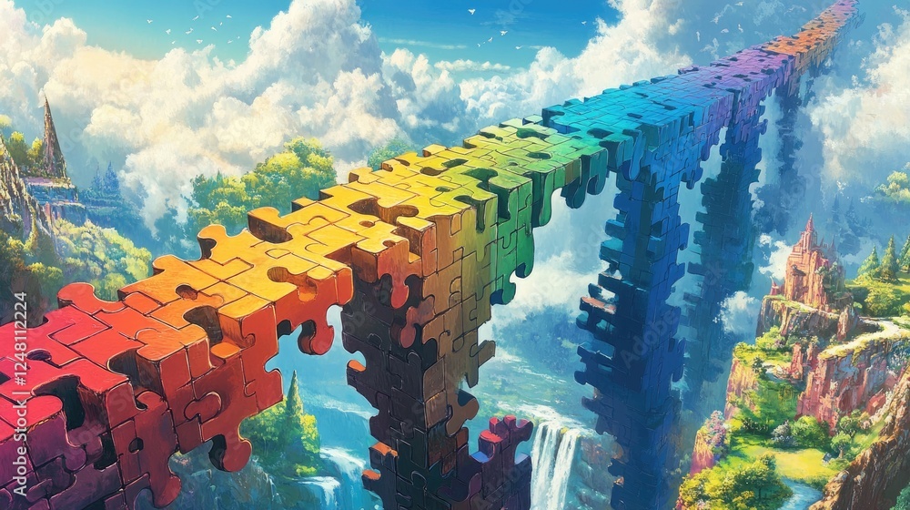 Poster a colorful puzzle bridge stretching across a vibrant landscape, each piece interlocking seamlessly t