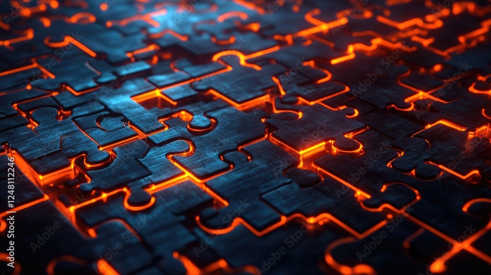 Aufkleber A complex network of interlocking puzzle pieces with glowing lines connecting them, representing the future of problem-solving, technology, and innovation in the digital age.