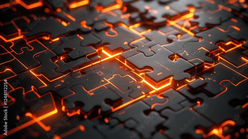Poster A complex network of interlocking puzzle pieces with glowing lines connecting them, representing the future of problem-solving, technology, and innovation in the digital age.