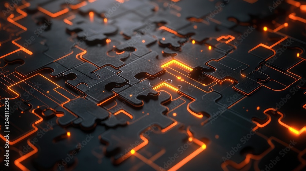 Aufkleber A complex network of interlocking puzzle pieces with glowing lines connecting them, representing the future of problem-solving, technology, and innovation in the digital age.