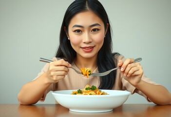 Asian woman eating at a table
