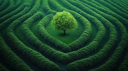 Lone tree in green maze, aerial view, nature, landscape, environmental conservation