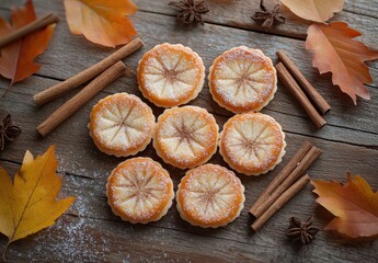 Fototapeta premium Delicious orange-flavored desserts arranged beautifully on a rustic wooden table surrounded by autumn leaves and decorative spices for seasonal ambiance