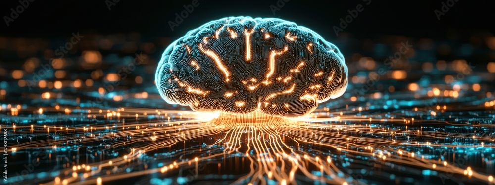 Poster futuristic brain concept with glowing neural connections and bright data streams in a digital enviro