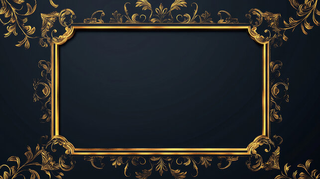 Thin gold elegant frame on dark background. Realistic vector illustration set of luxury golden glitter line with ornament. Abstract geometric wedding card, certificate or book decoration template. - Powered by Adobe